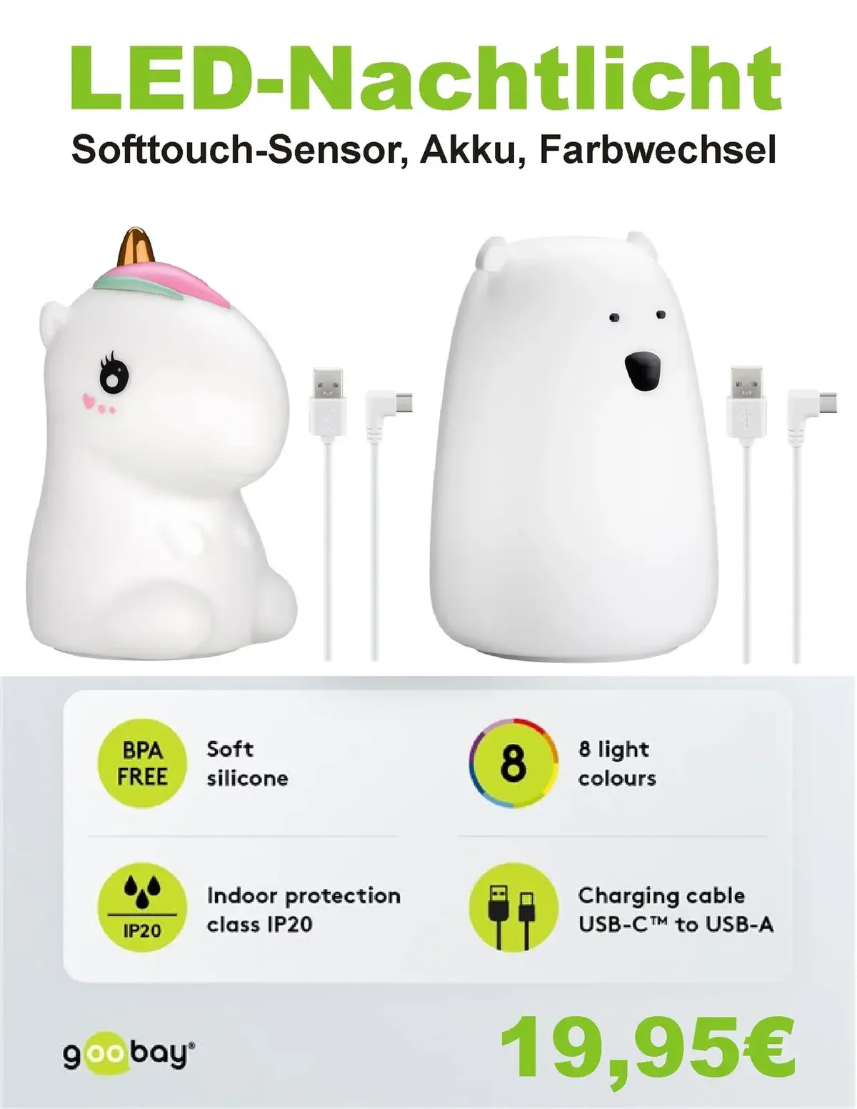 𝗟𝗘𝗗-𝗡𝗮𝗰𝗵𝘁𝗹𝗶𝗰𝗵𝘁 𝗘𝗶𝗻𝗵𝗼𝗿𝗻 • Akku- oder Netzbetrieb • Farbwechsel oder feste Farbe • Touch-Steuerung • aus BPA-freiem Silikon • ca. 17cm hoch Als Nachtlicht oder Partydeko ein echter Hingucker! 19,95€