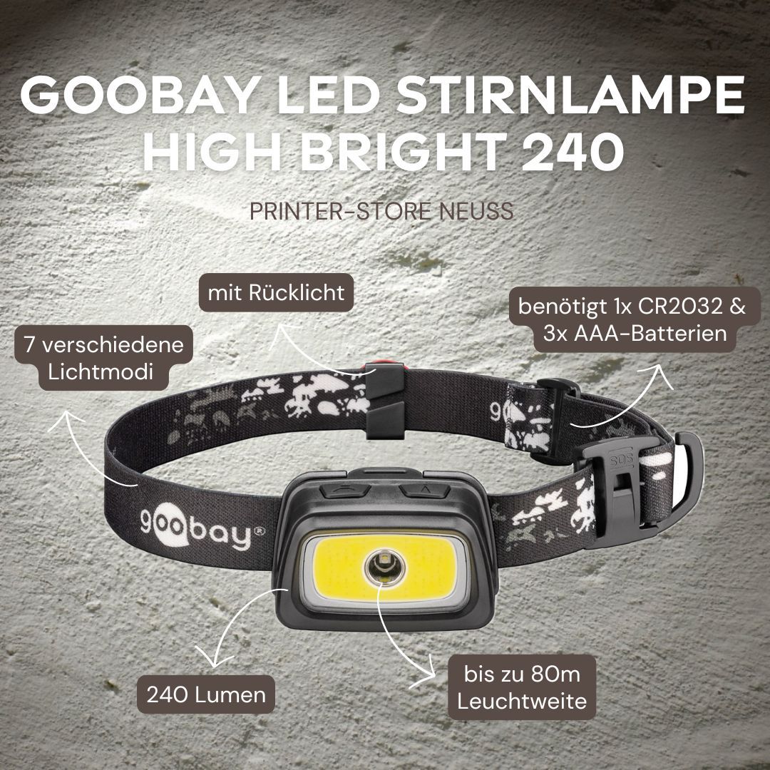 🔦 Goobay Stirnlampe High Bright 240. 19,95€