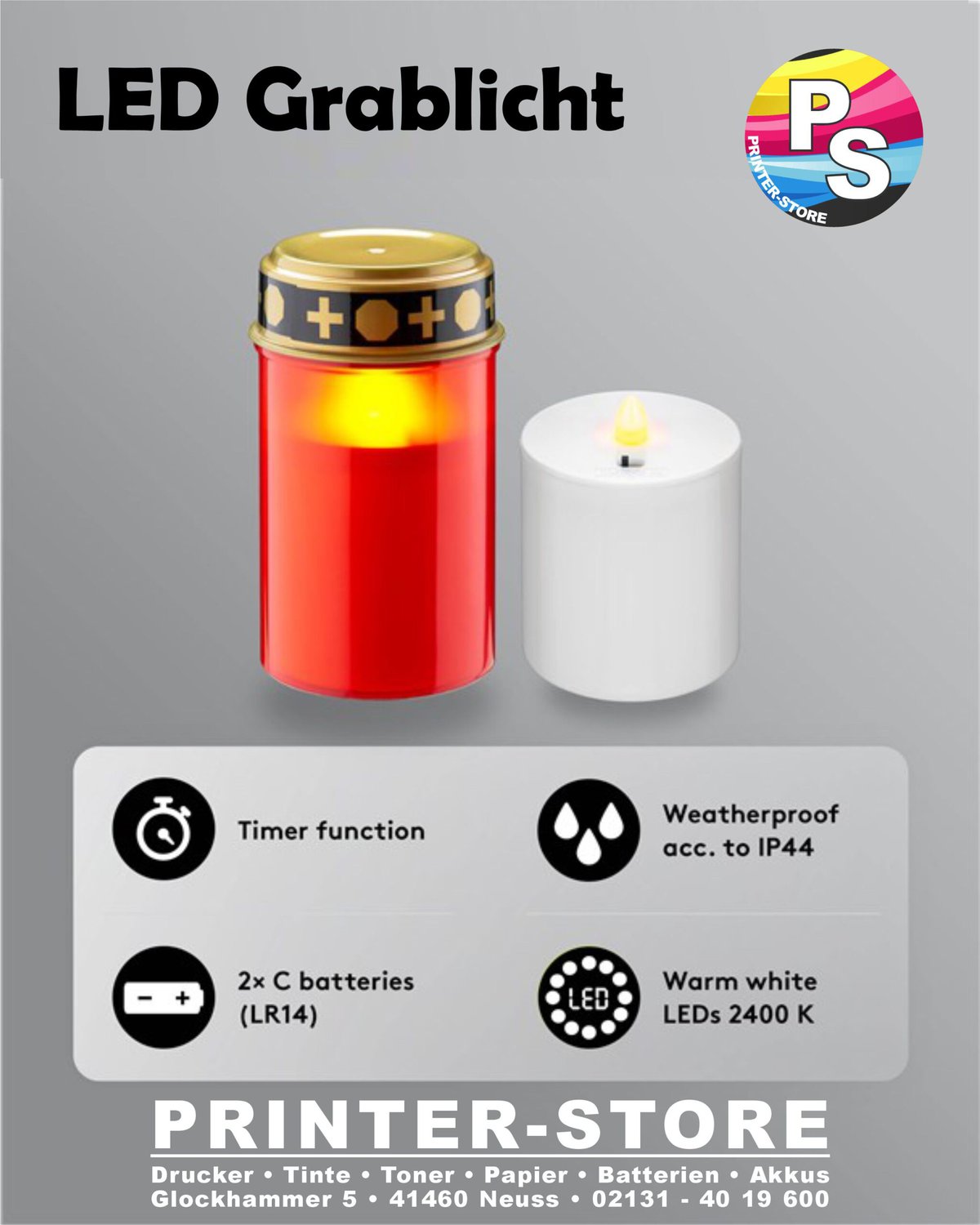 LED-Grablicht mit Timer, rot oder weiß - Batteriebetrieben (2x C/LR14) Für den Innen- und Außenbereich (IP44) Mit On-/Off-Schalter und 6 Std. Timerfunktion, leuchtet mit einem Satz Batterien bis zu 6 Monate lang. 5,50€