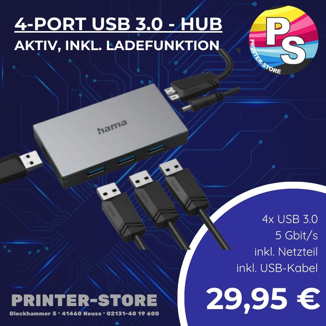 🖱 Hama 4-Port USB 3.0 - Hub aktiv - Der aktive USB Hub erweitert einen einzelnen USB-A-Geräteport auf vier Ports.