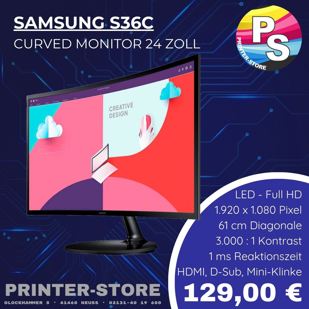 🖥 Samsung S36C 24" curved Monitor - 16:9, 17W (eingeschaltet), 0,3W Standby, Energieeffizienz E