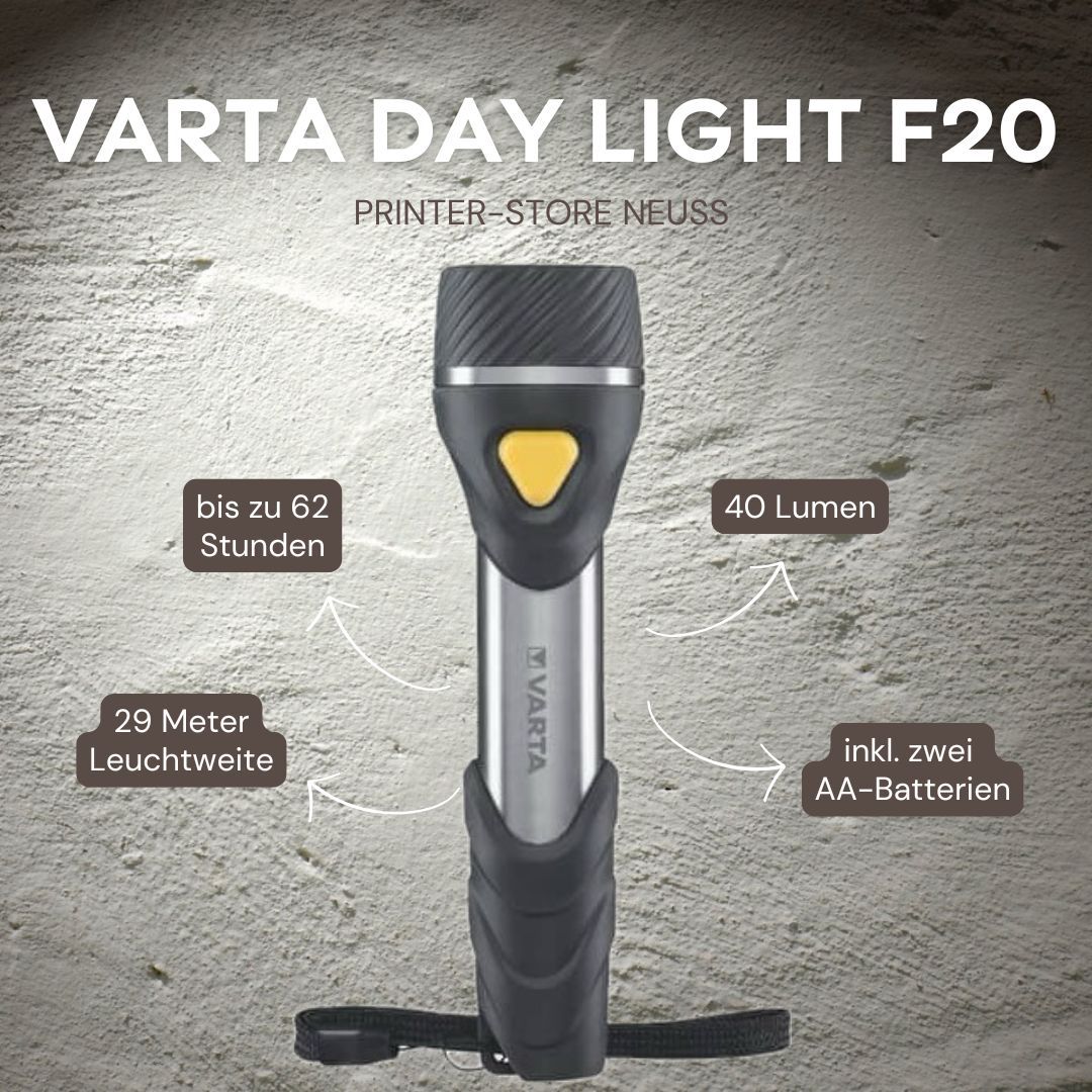 🔦Varta Day-Light F20 LED Taschenlampe. Sie ist für den täglichen Gebrauch konzipiert. Die Taschenlampen sind mit Multi-LEDs und einem stoßfesten Drei-Komponenten-Gehäuse ausgestattet. 12,50€