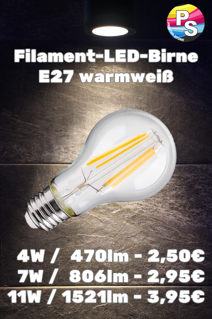 Filament LED Birne warmweiß mit E27 Fassung
