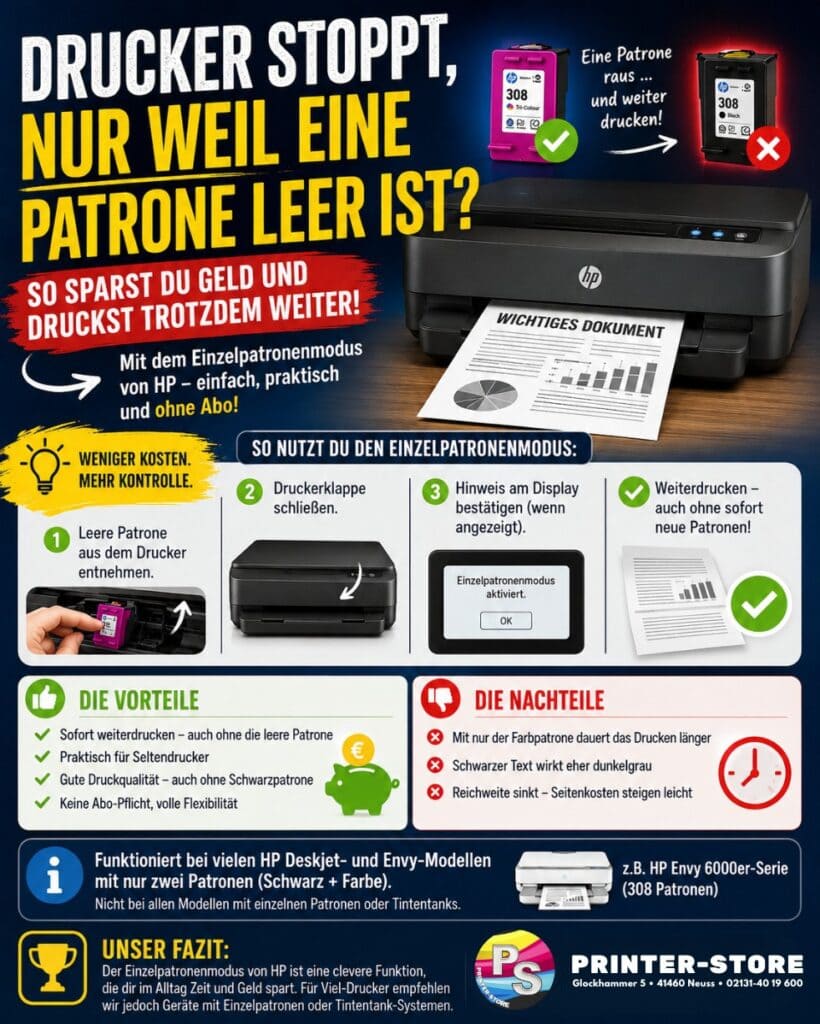 Infografik über den HP Einzelpatronenmodus. Zu sehen ist ein HP-Drucker mit einer entfernten Patrone sowie eine Anleitung, wie man trotz leerer Tinte weiterdrucken kann. Die Grafik erklärt Vorteile, Nachteile und zeigt, wie Nutzer Druckkosten sparen können.