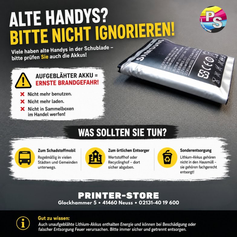 Informationsgrafik mit einem aufgeblähten Lithium-Akku aus einem Smartphone auf grauem Hintergrund. Die Grafik warnt vor Brandgefahr durch defekte Akkus und erklärt, dass diese nicht weiter benutzt oder in Sammelboxen entsorgt werden sollen. Stattdessen wird zur fachgerechten Entsorgung über Schadstoffmobil oder Wertstoffhof geraten.